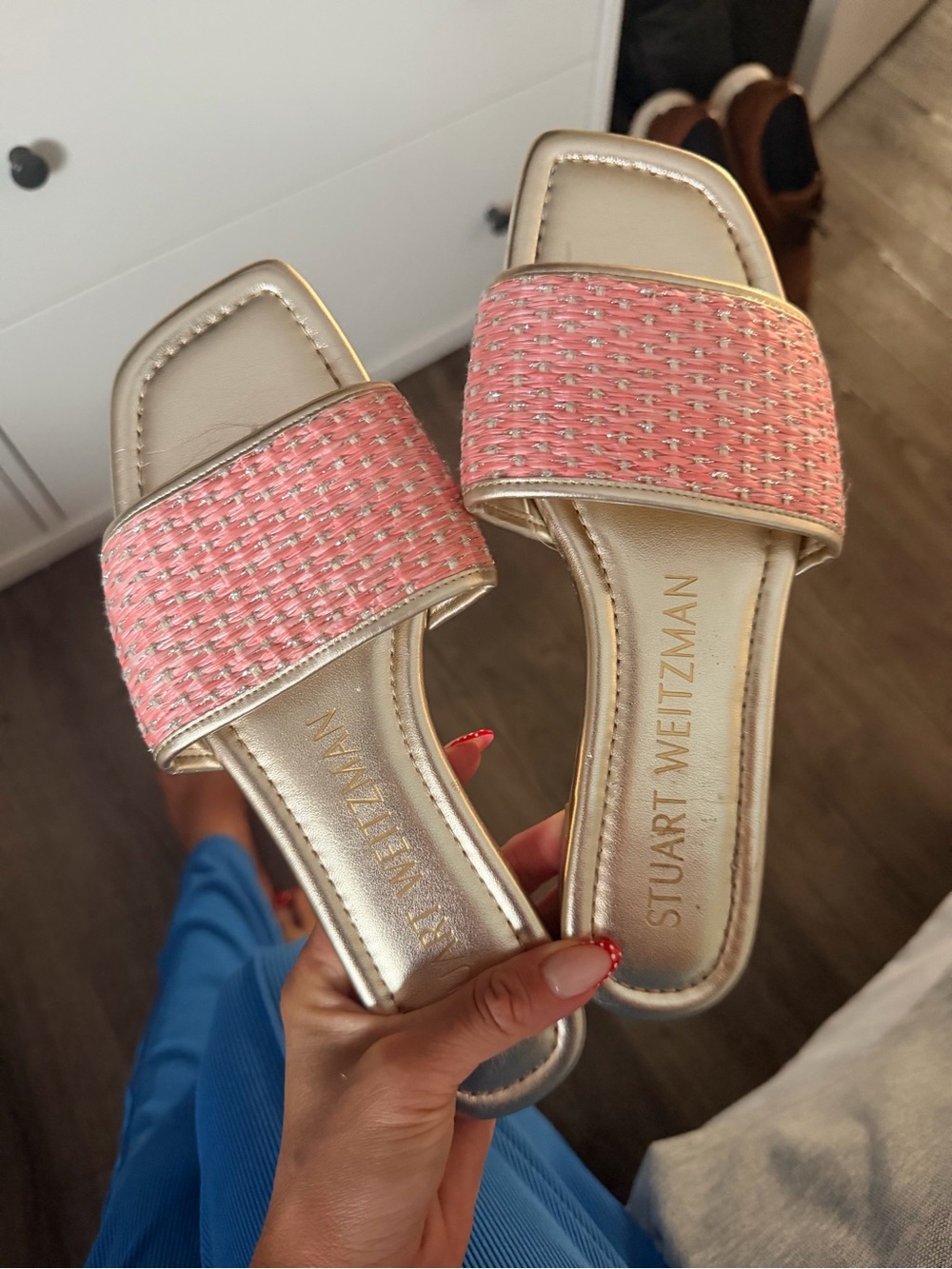 Stuart Weitzman Pink Woven Metallic-Trim Slide Sandals